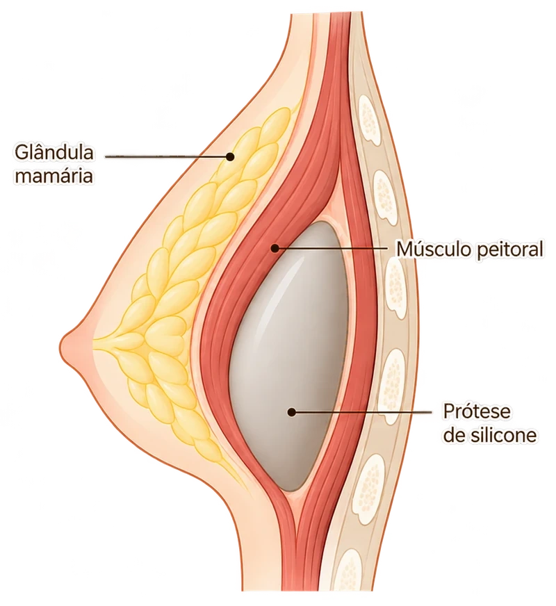 Corte lateral da mama: a prótese de silicone fica sob o músculo peitoral, e a glândula mamária cobre o conjunto pela frente.