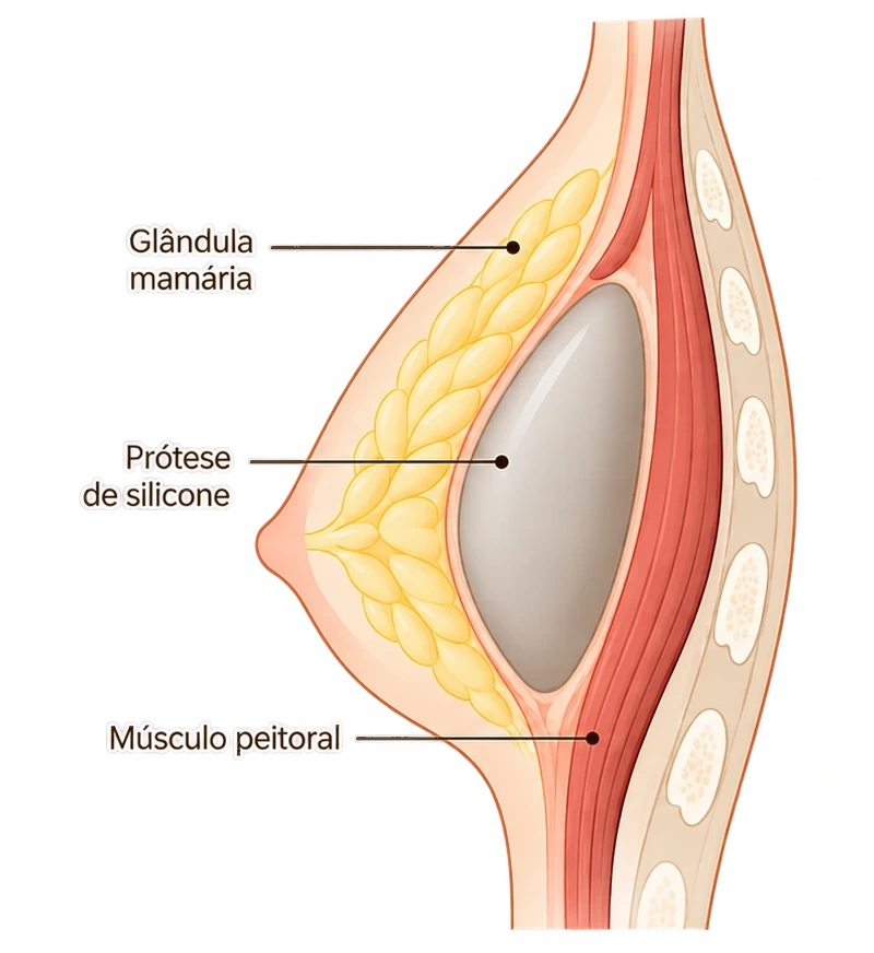Corte lateral da mama: a prótese de silicone fica atrás da glândula mamária e à frente do músculo peitoral.